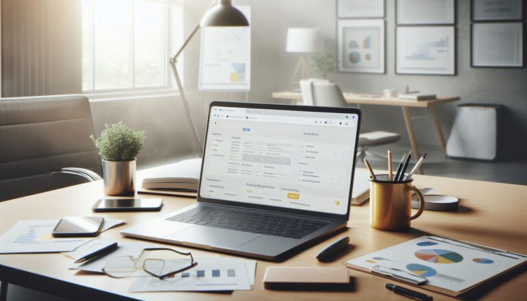 Nowoczesne biurko marketera z otwartą kampanią Google Ads na laptopie, wykresami i notatkami