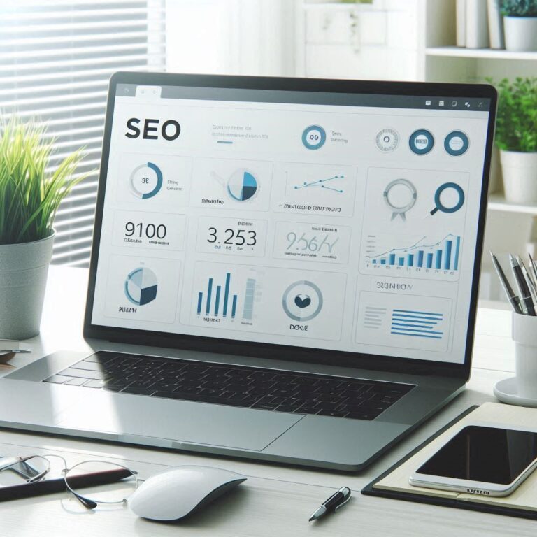 Widok pulpitu SEO z wykresami na ekranie laptopa